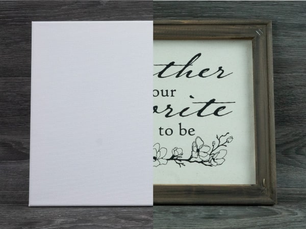 Showing the before and after- unused canvas and finished stained frame and pressed design
