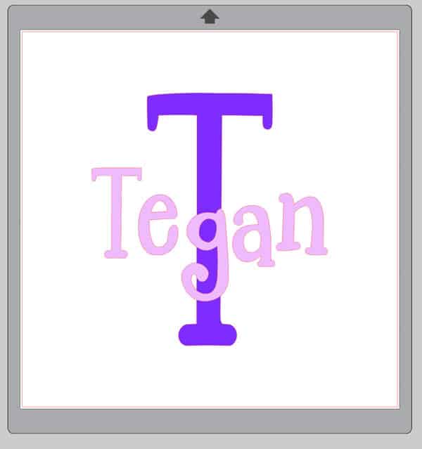 Showing the start of the finished design, with the large T in the background and the word "Tegan" in front of it